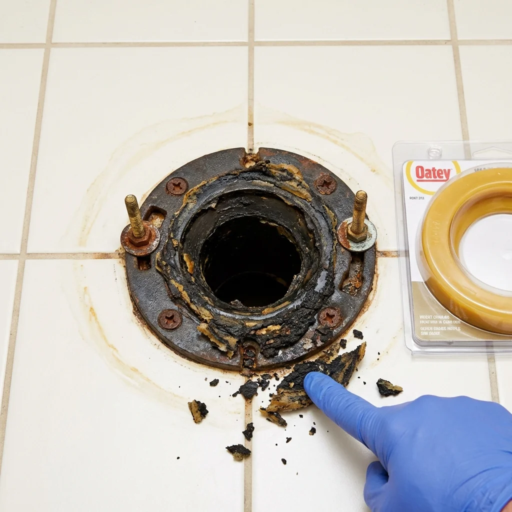 Failed wax ring showing water seepage at the base of a toilet in a Salem, NJ home